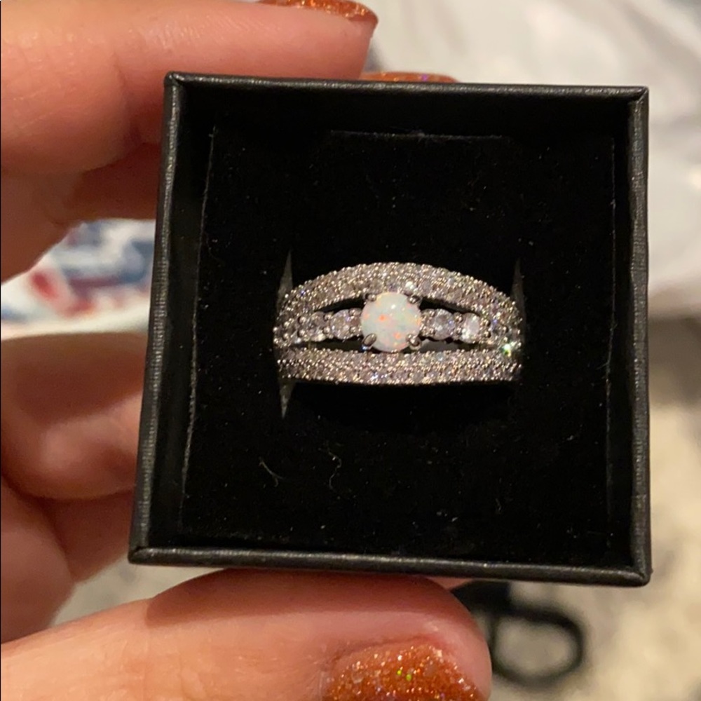 White fire opal and white topaz princess ring